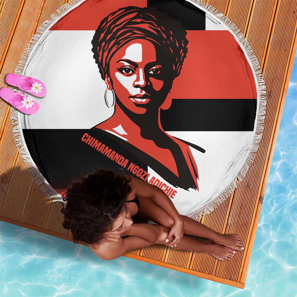 Chimamanda Ngozi Adichie Beach Blanket with Bold Red Portrait, We Should All Be Feminists Quote - African Pride