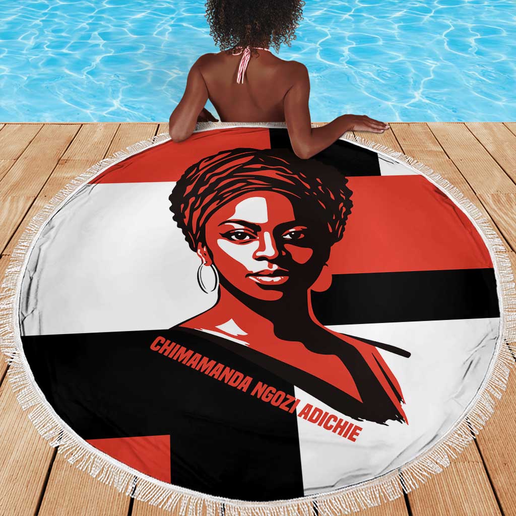 Chimamanda Ngozi Adichie Beach Blanket with Bold Red Portrait, We Should All Be Feminists Quote - African Pride