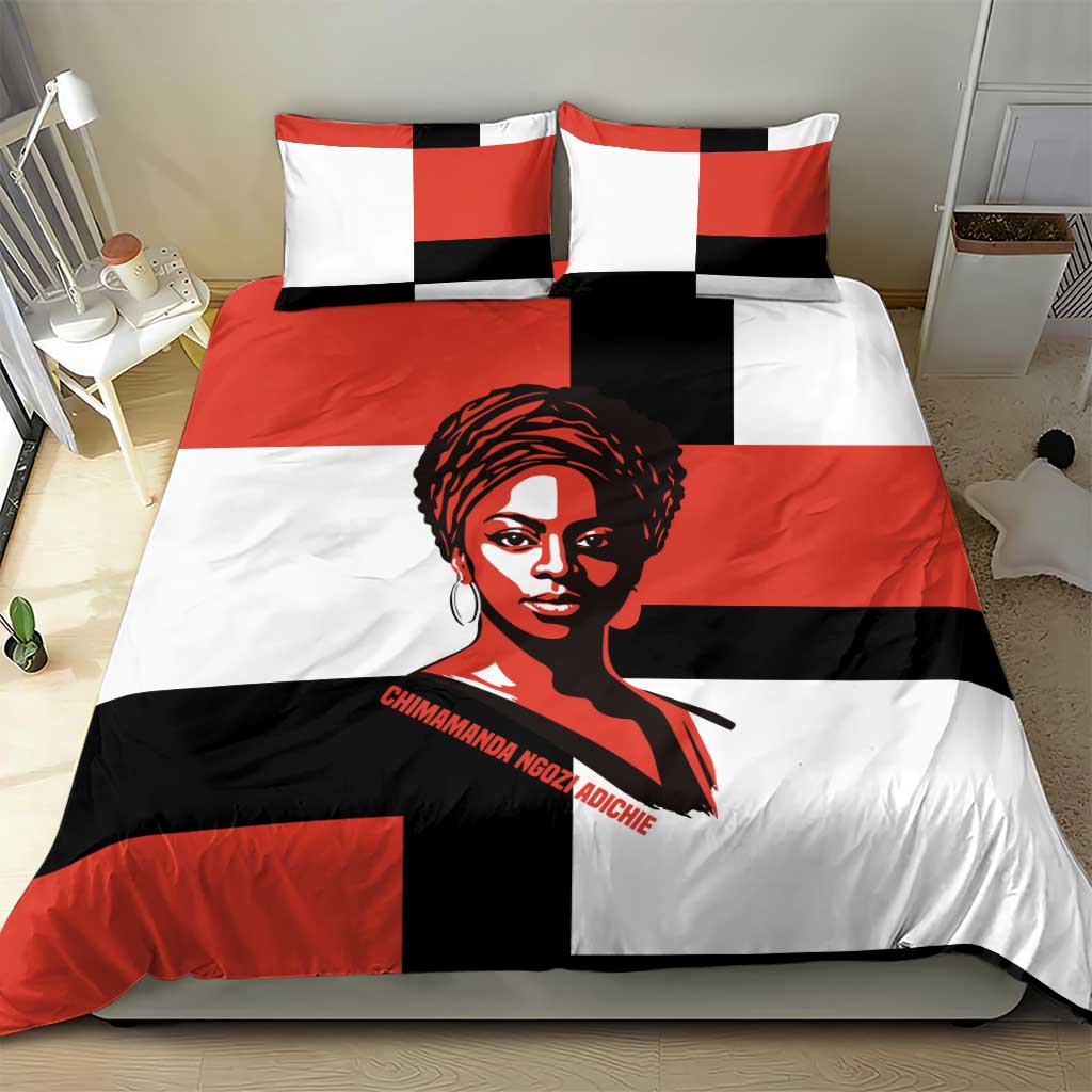 Chimamanda Ngozi Adichie Bedding Set with Bold Red Portrait, We Should All Be Feminists Quote - African Pride