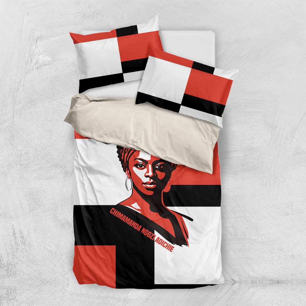 Chimamanda Ngozi Adichie Bedding Set with Bold Red Portrait, We Should All Be Feminists Quote - African Pride