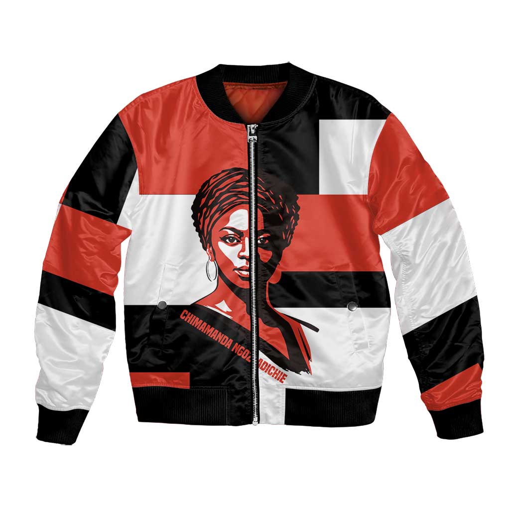 Chimamanda Ngozi Adichie Bomber Jacket with Bold Red Portrait, We Should All Be Feminists Quote - African Pride