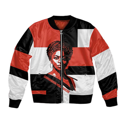 Chimamanda Ngozi Adichie Bomber Jacket with Bold Red Portrait, We Should All Be Feminists Quote - African Pride
