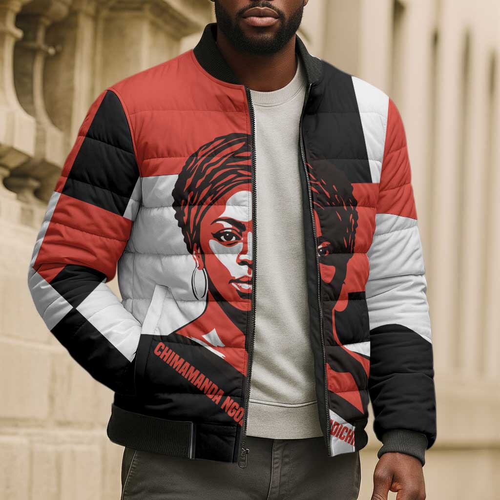 Chimamanda Ngozi Adichie Bomber Puffer Jacket with Bold Red Portrait, We Should All Be Feminists Quote - African Pride