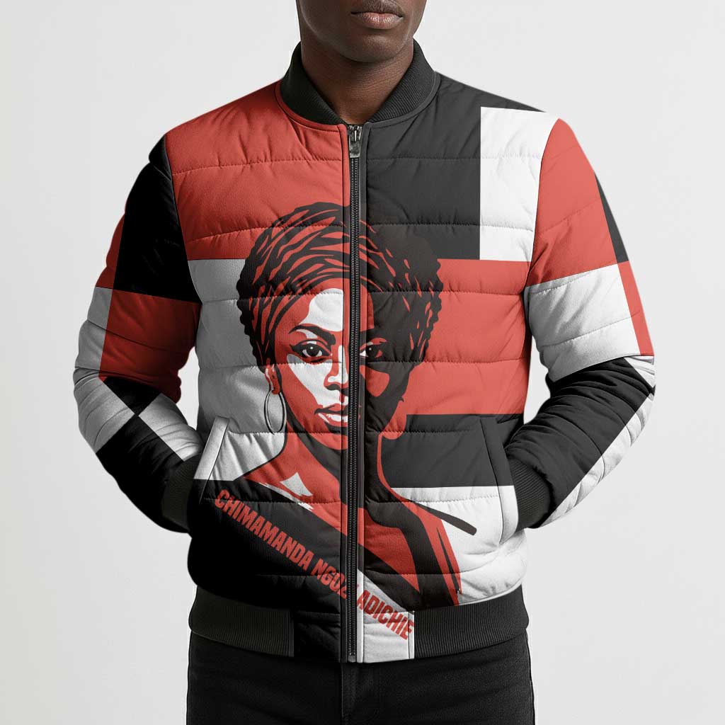 Chimamanda Ngozi Adichie Bomber Puffer Jacket with Bold Red Portrait, We Should All Be Feminists Quote - African Pride
