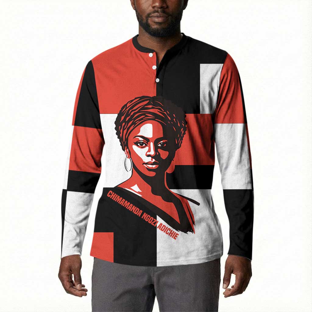 Chimamanda Ngozi Adichie Button Sweatshirt with Bold Red Portrait, We Should All Be Feminists Quote