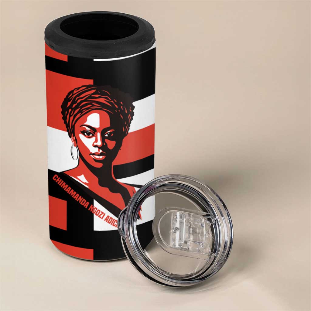 Chimamanda Ngozi Adichie 4 in 1 Can Cooler Tumbler with Bold Red Portrait, We Should All Be Feminists Quote - African Pride