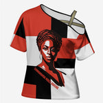 Chimamanda Ngozi Adichie Cross Shoulder Shirt with Bold Red Portrait, We Should All Be Feminists Quote - African Pride