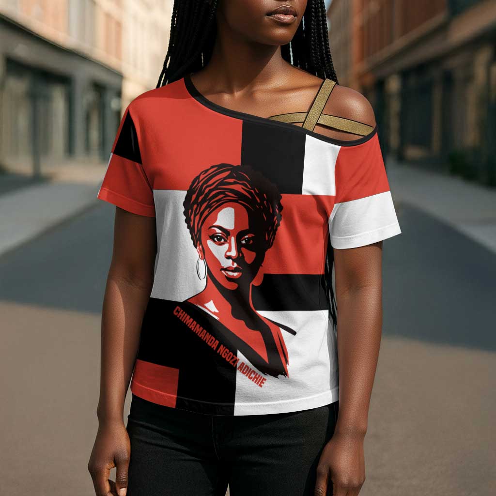 Chimamanda Ngozi Adichie Cross Shoulder Shirt with Bold Red Portrait, We Should All Be Feminists Quote - African Pride