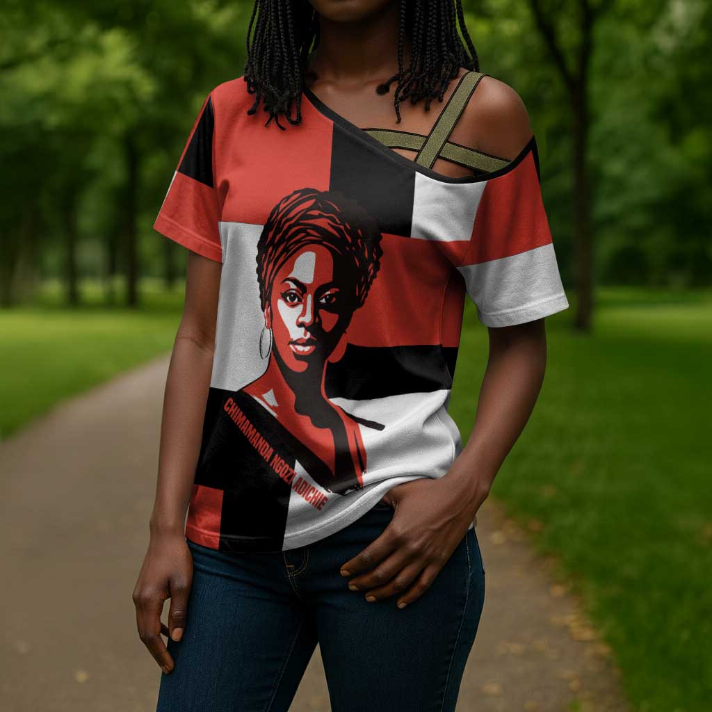 Chimamanda Ngozi Adichie Cross Shoulder Shirt with Bold Red Portrait, We Should All Be Feminists Quote - African Pride
