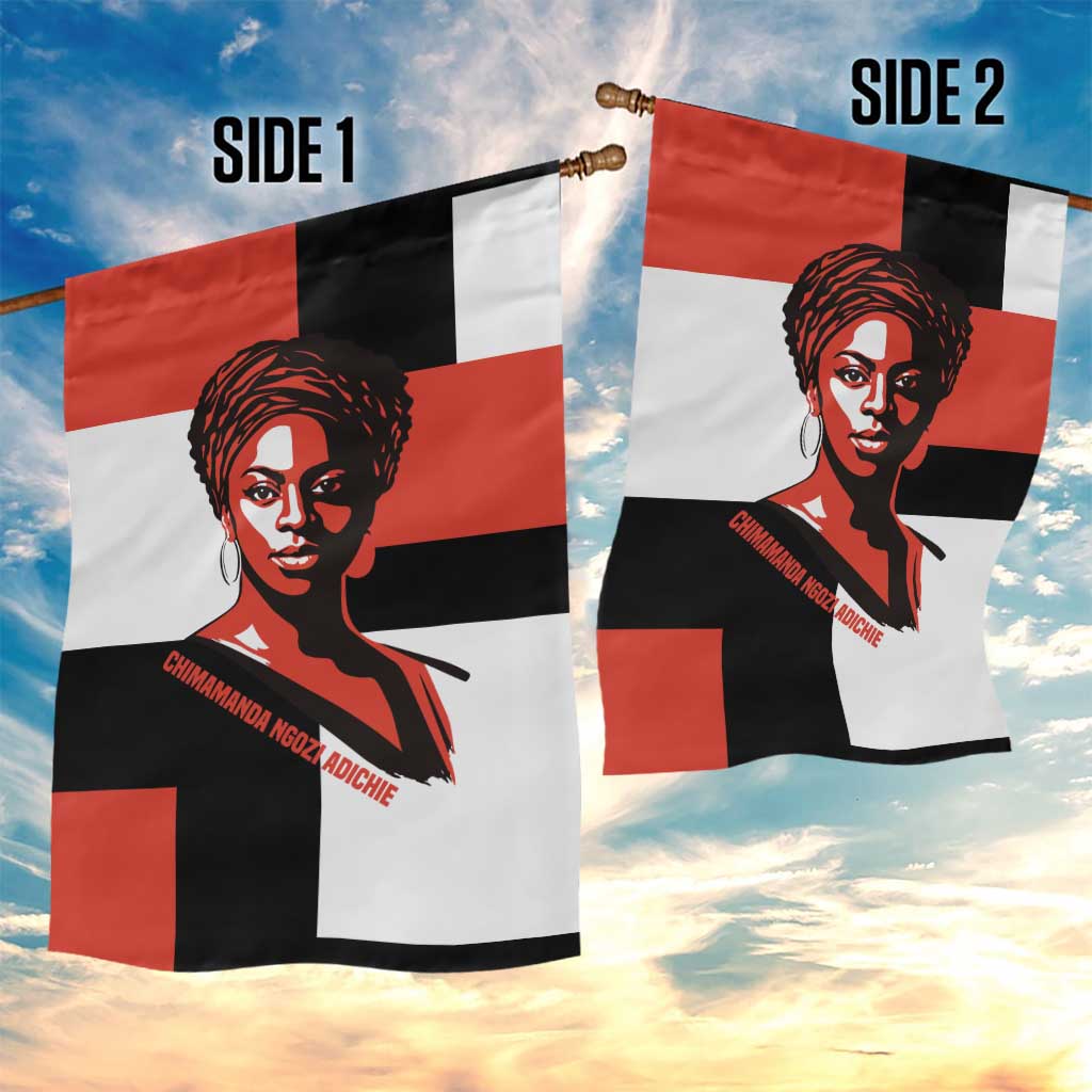 Chimamanda Ngozi Adichie Garden Flag with Bold Red Portrait, We Should All Be Feminists Quote - African Pride