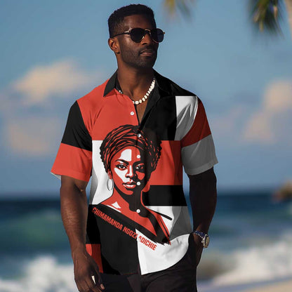 Chimamanda Ngozi Adichie Hawaiian Shirt with Bold Red Portrait, We Should All Be Feminists Quote - African Pride