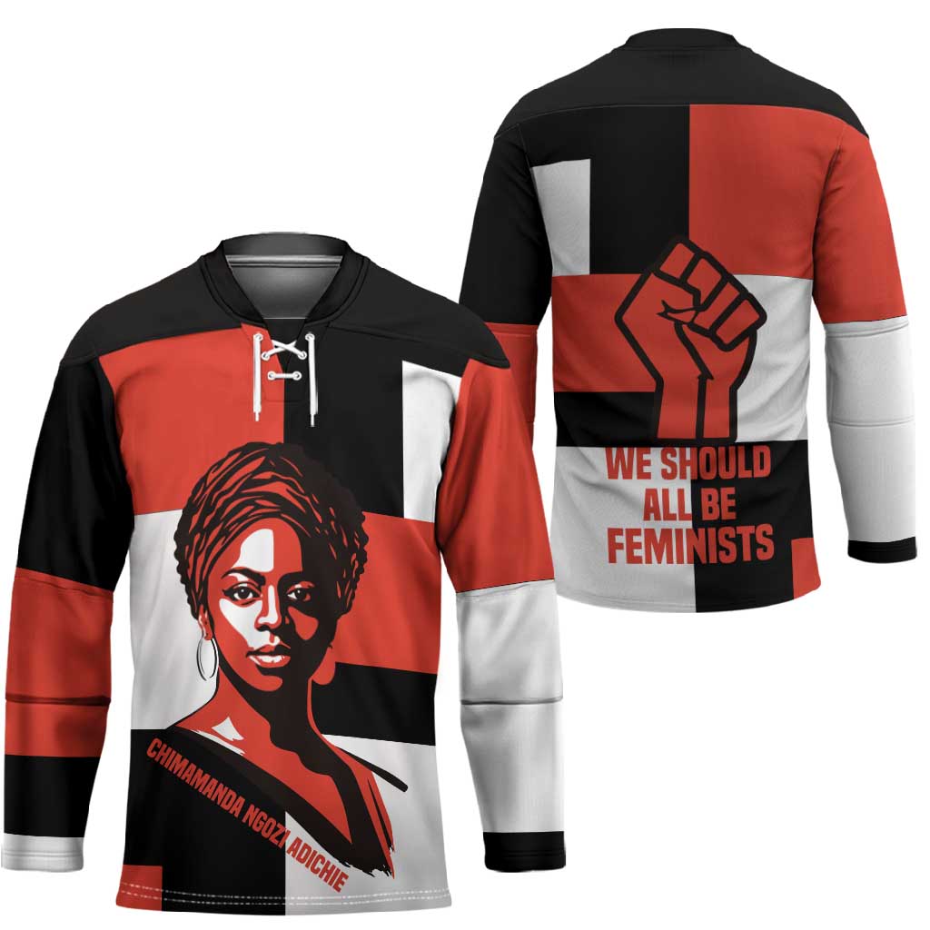 Chimamanda Ngozi Adichie Hockey Jersey with Bold Red Portrait, We Should All Be Feminists Quote - African Pride