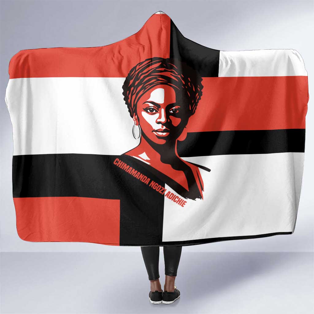 Chimamanda Ngozi Adichie Hooded Blanket with Bold Red Portrait, We Should All Be Feminists Quote - African Pride