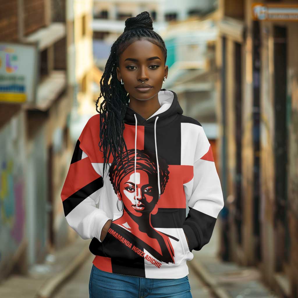 Chimamanda Ngozi Adichie Hoodie with Bold Red Portrait, We Should All Be Feminists Quote - African Pride
