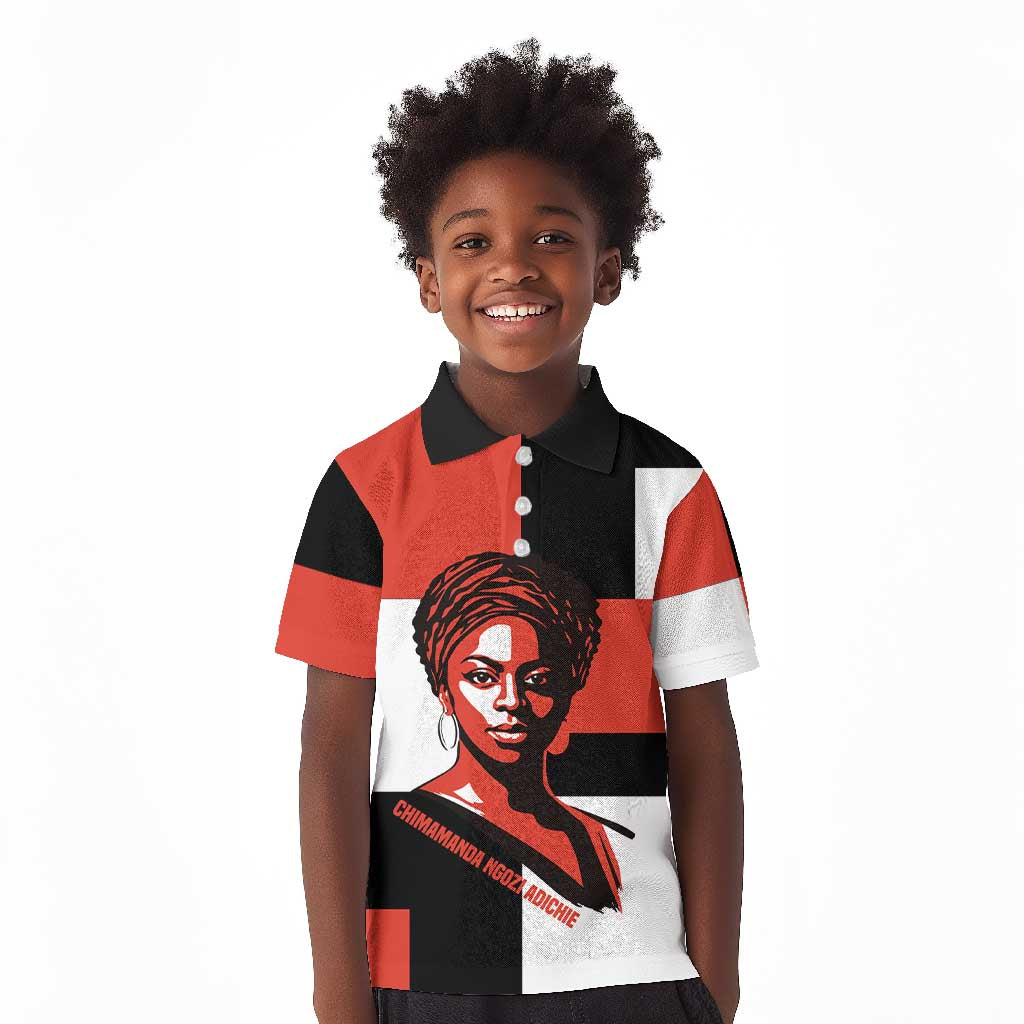 Chimamanda Ngozi Adichie Kid Polo Shirt with Bold Red Portrait, We Should All Be Feminists Quote - African Pride