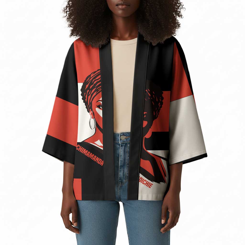 Chimamanda Ngozi Adichie Kimono with Bold Red Portrait, We Should All Be Feminists Quote - African Pride