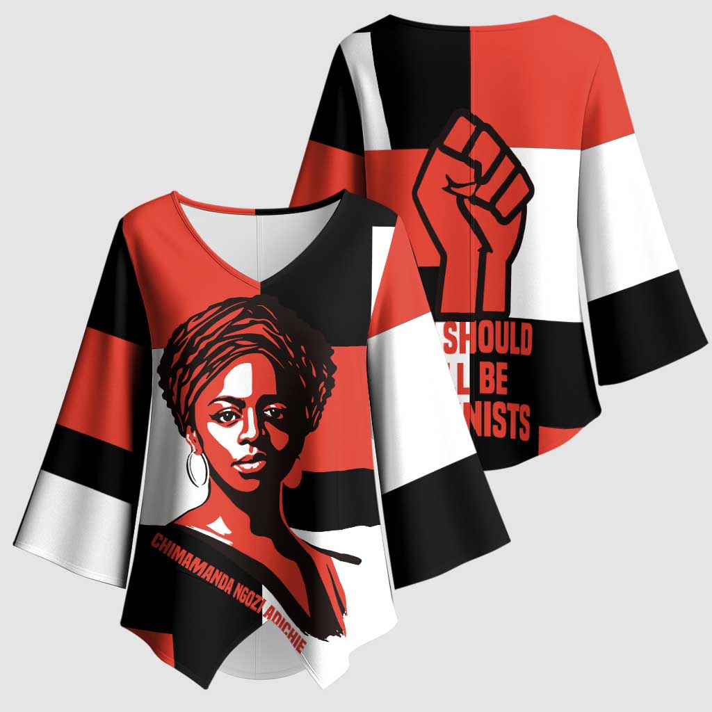 Chimamanda Ngozi Adichie Kimono Sleeve Blouse with Bold Red Portrait, We Should All Be Feminists Quote - African Pride