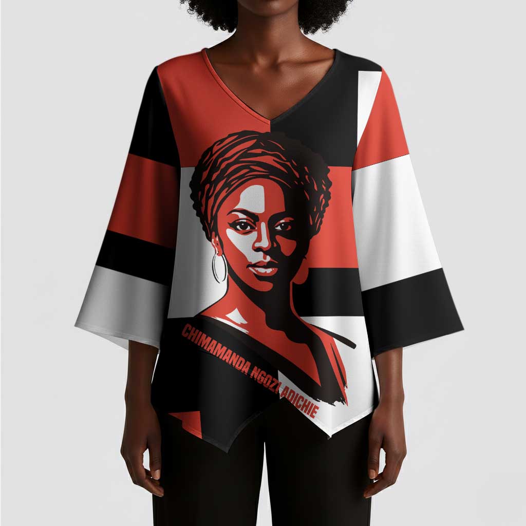 Chimamanda Ngozi Adichie Kimono Sleeve Blouse with Bold Red Portrait, We Should All Be Feminists Quote - African Pride