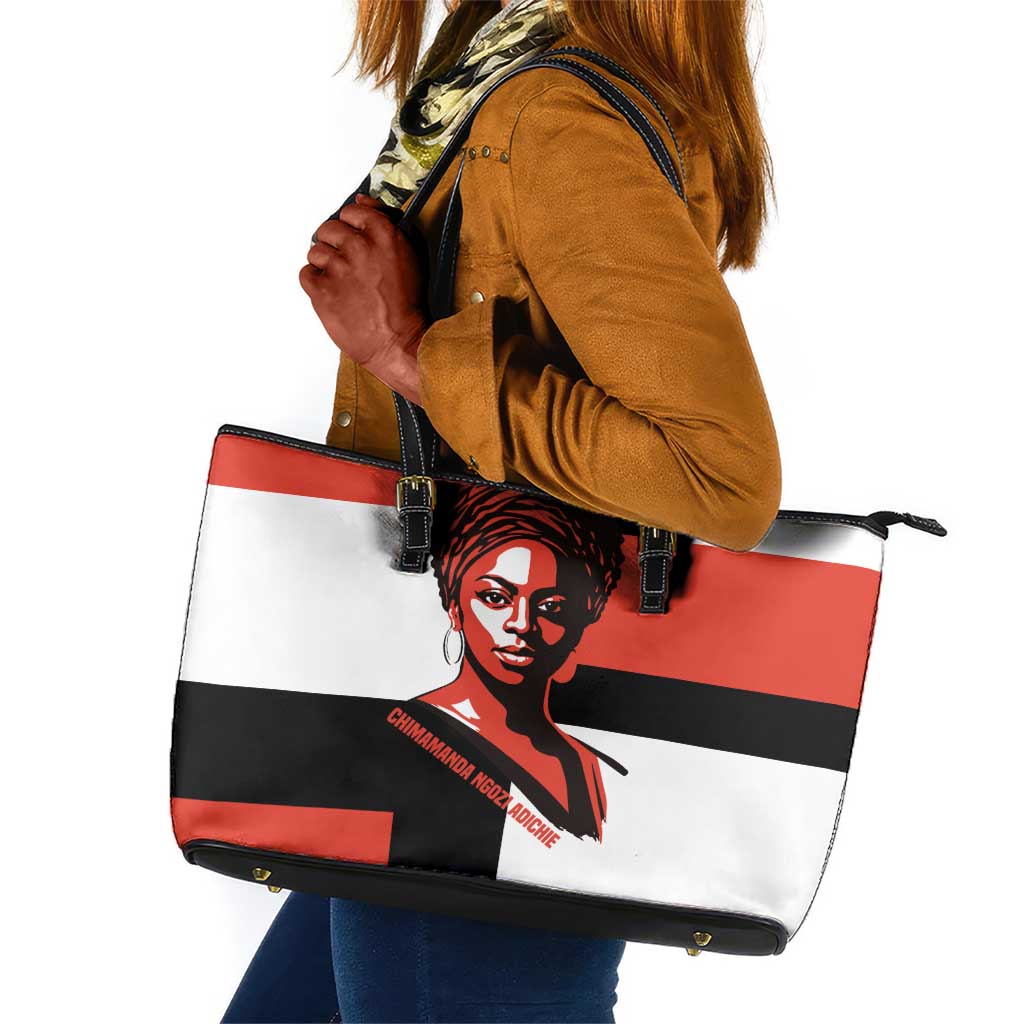 Chimamanda Ngozi Adichie Leather Tote Bag with Bold Red Portrait, We Should All Be Feminists Quote - African Pride