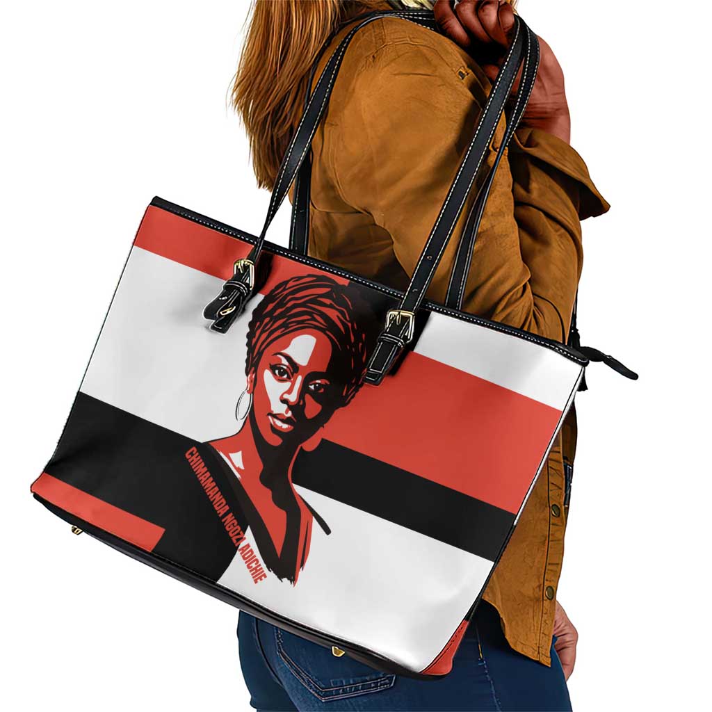 Chimamanda Ngozi Adichie Leather Tote Bag with Bold Red Portrait, We Should All Be Feminists Quote - African Pride