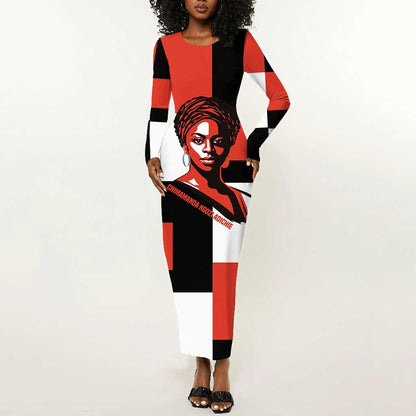 Chimamanda Ngozi Adichie Long Sleeve Bodycon Dress with Bold Red Portrait, We Should All Be Feminists Quote - African Pride
