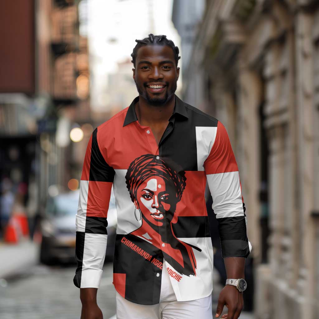Chimamanda Ngozi Adichie Long Sleeve Button Shirt with Bold Red Portrait, We Should All Be Feminists Quote - African Pride