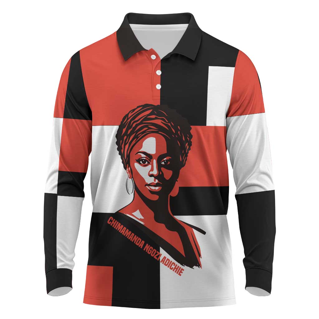 Chimamanda Ngozi Adichie Long Sleeve Polo Shirt with Bold Red Portrait, We Should All Be Feminists Quote - African Pride