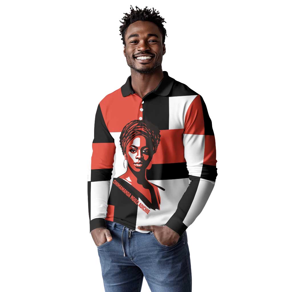 Chimamanda Ngozi Adichie Long Sleeve Polo Shirt with Bold Red Portrait, We Should All Be Feminists Quote - African Pride