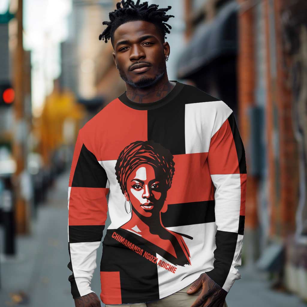 Chimamanda Ngozi Adichie Long Sleeve Shirt with Bold Red Portrait, We Should All Be Feminists Quote - African Pride