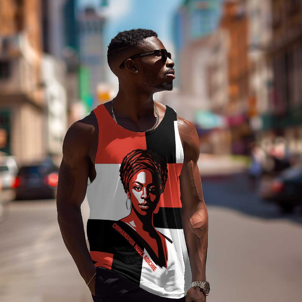 Chimamanda Ngozi Adichie Men Tank Top with Bold Red Portrait, We Should All Be Feminists Quote - African Pride