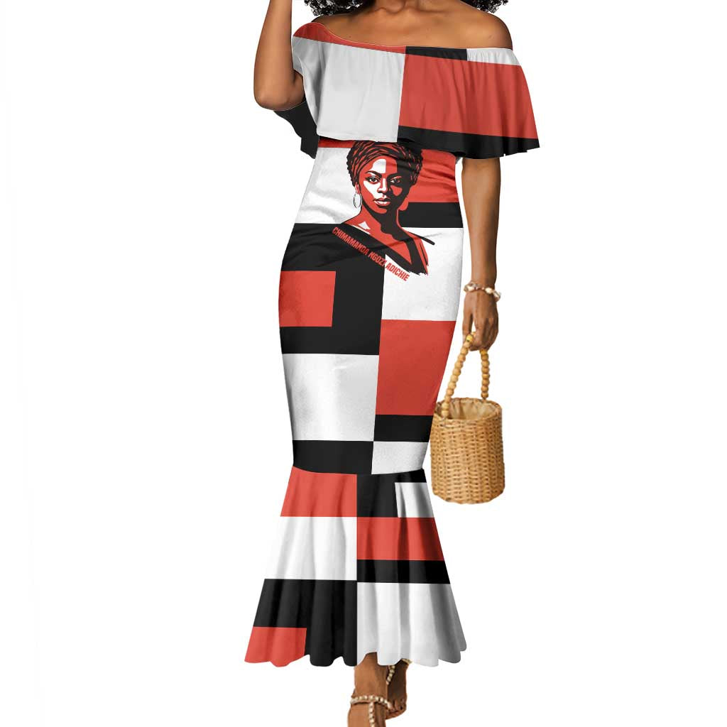 Chimamanda Ngozi Adichie Mermaid Dress with Bold Red Portrait, We Should All Be Feminists Quote - African Pride