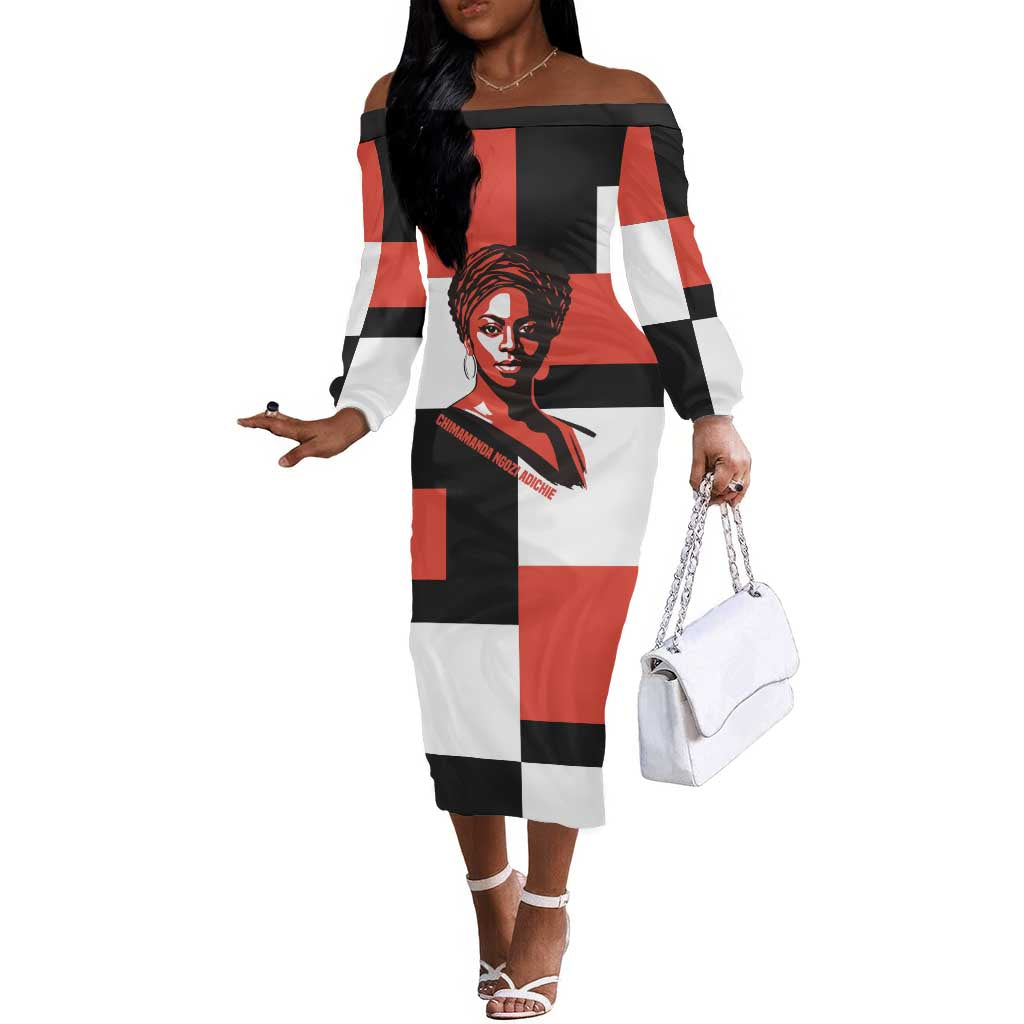 Chimamanda Ngozi Adichie Off The Shoulder Long Sleeve Dress with Bold Red Portrait, We Should All Be Feminists Quote - African Pride
