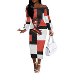 Chimamanda Ngozi Adichie Off The Shoulder Long Sleeve Dress with Bold Red Portrait, We Should All Be Feminists Quote - African Pride