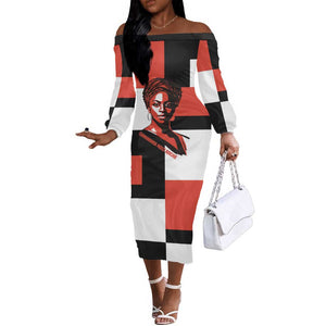 Chimamanda Ngozi Adichie Off The Shoulder Long Sleeve Dress with Bold Red Portrait, We Should All Be Feminists Quote - African Pride