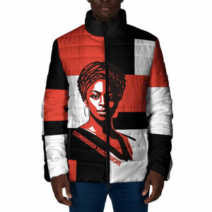 Chimamanda Ngozi Adichie Padded Jacket with Bold Red Portrait, We Should All Be Feminists Quote - African Pride