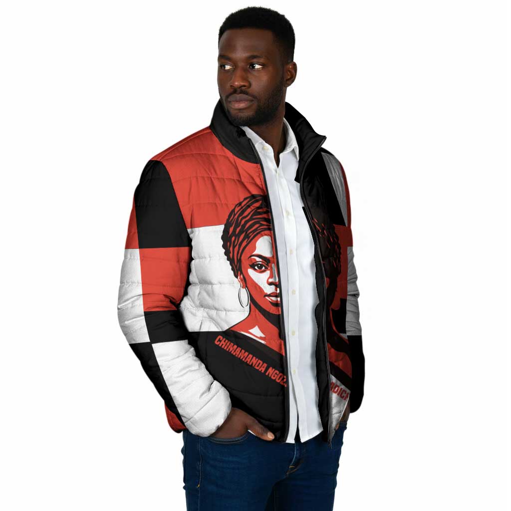 Chimamanda Ngozi Adichie Padded Jacket with Bold Red Portrait, We Should All Be Feminists Quote - African Pride