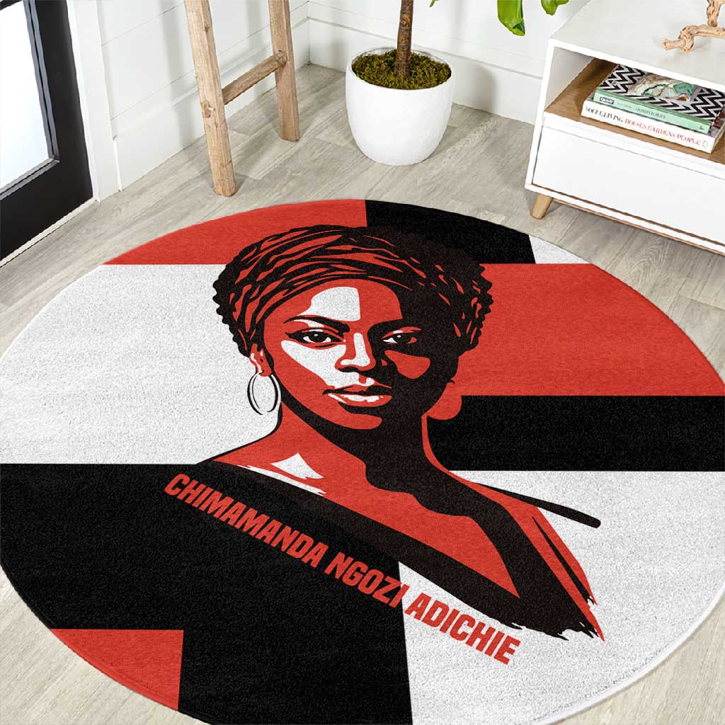 Chimamanda Ngozi Adichie Round Carpet with Bold Red Portrait, We Should All Be Feminists Quote - African Pride