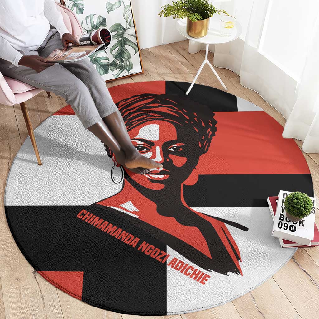 Chimamanda Ngozi Adichie Round Carpet with Bold Red Portrait, We Should All Be Feminists Quote - African Pride