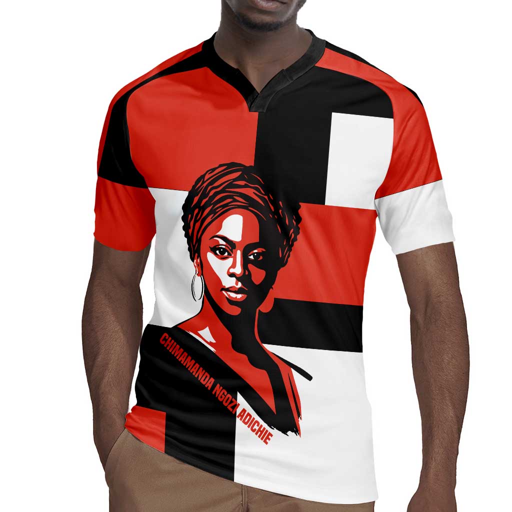 Chimamanda Ngozi Adichie Rugby Jersey with Bold Red Portrait, We Should All Be Feminists Quote - African Pride