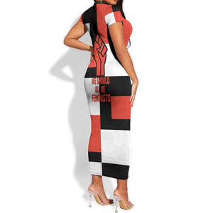 Chimamanda Ngozi Adichie Short Sleeve Bodycon Dress with Bold Red Portrait, We Should All Be Feminists Quote - African Pride