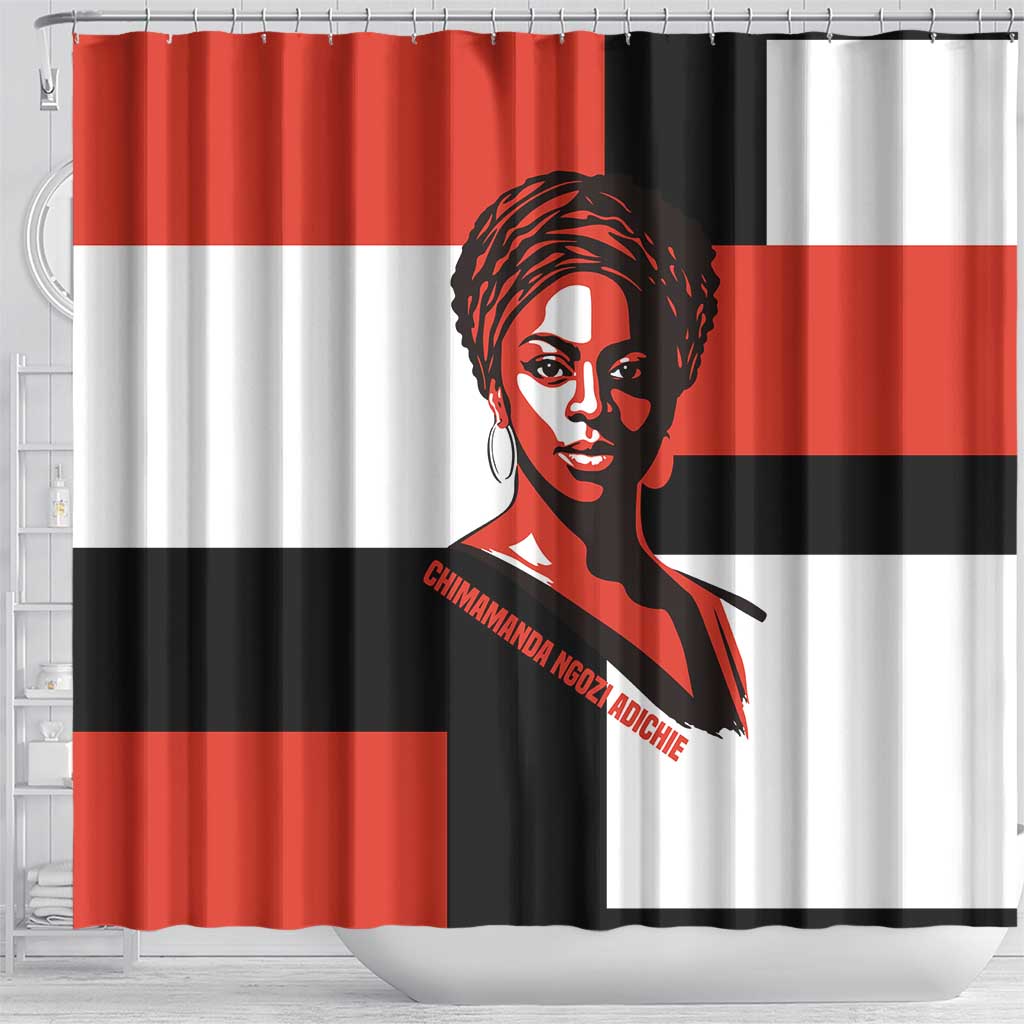 Chimamanda Ngozi Adichie Shower Curtain with Bold Red Portrait, We Should All Be Feminists Quote - African Pride