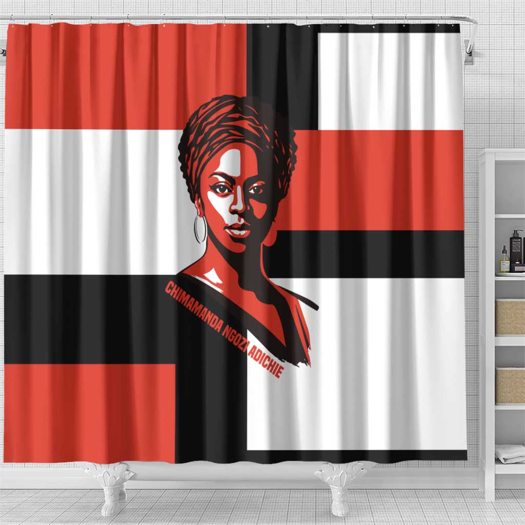 Chimamanda Ngozi Adichie Shower Curtain with Bold Red Portrait, We Should All Be Feminists Quote - African Pride
