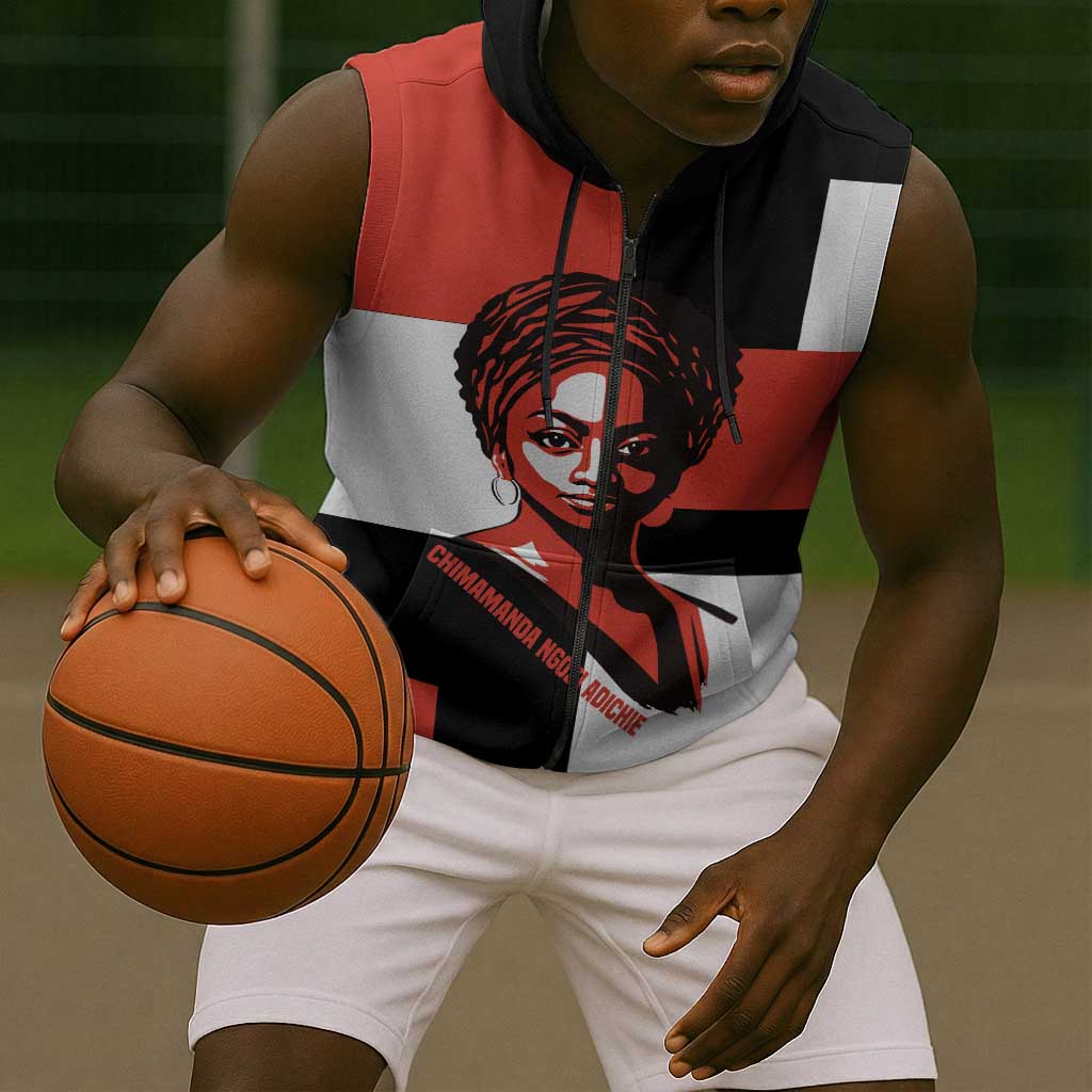 Chimamanda Ngozi Adichie Sleeveless Zip Hoodie with Bold Red Portrait, We Should All Be Feminists Quote - African Pride