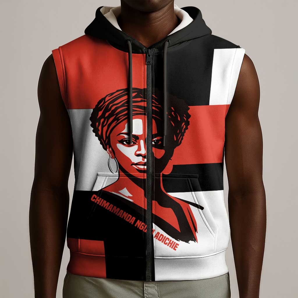 Chimamanda Ngozi Adichie Sleeveless Zip Hoodie with Bold Red Portrait, We Should All Be Feminists Quote - African Pride