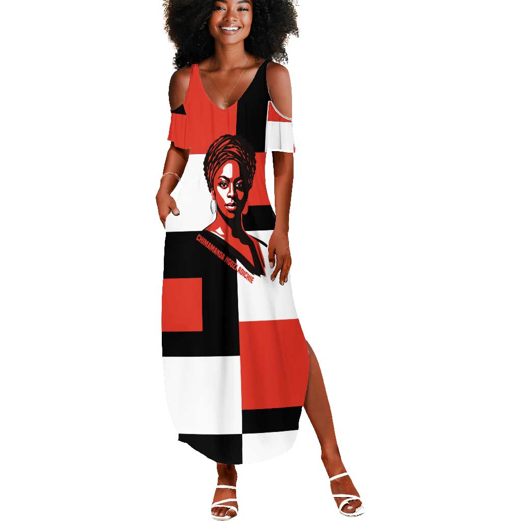 Chimamanda Ngozi Adichie Summer Maxi Dress with Bold Red Portrait, We Should All Be Feminists Quote - African Pride