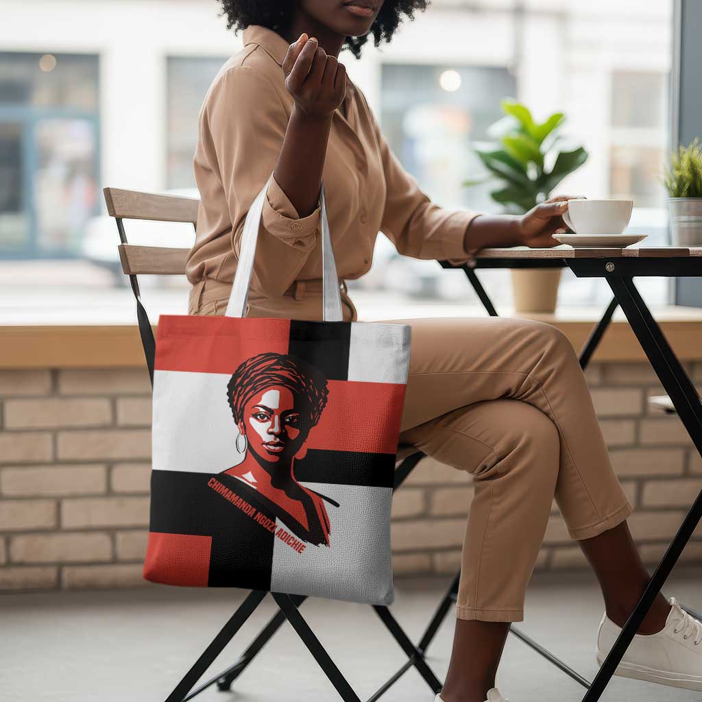 Chimamanda Ngozi Adichie Tote Bag with Bold Red Portrait, We Should All Be Feminists Quote - African Pride