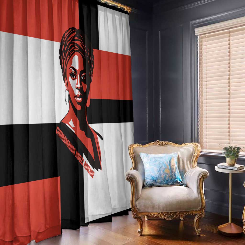 Chimamanda Ngozi Adichie Window Curtain with Bold Red Portrait, We Should All Be Feminists Quote - African Pride