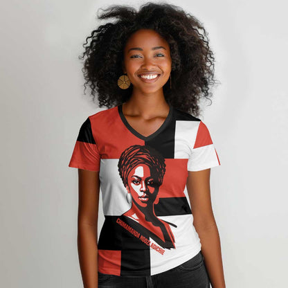 Chimamanda Ngozi Adichie Women V-Neck T-Shirt with Bold Red Portrait, We Should All Be Feminists Quote - African Pride