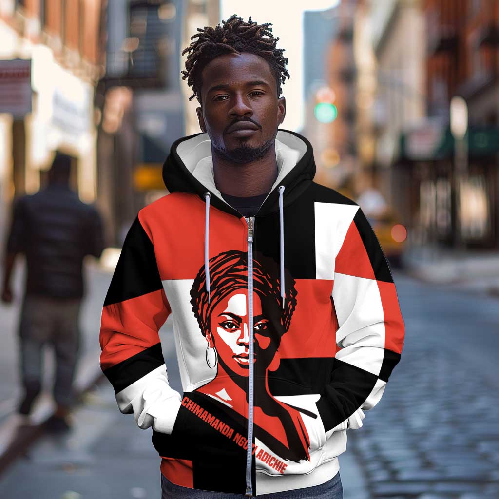 Chimamanda Ngozi Adichie Zip Hoodie with Bold Red Portrait, We Should All Be Feminists Quote - African Pride