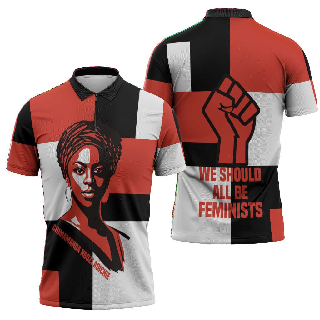 Chimamanda Ngozi Adichie Zipper Polo Shirt with Bold Red Portrait, We Should All Be Feminists Quote - African Pride